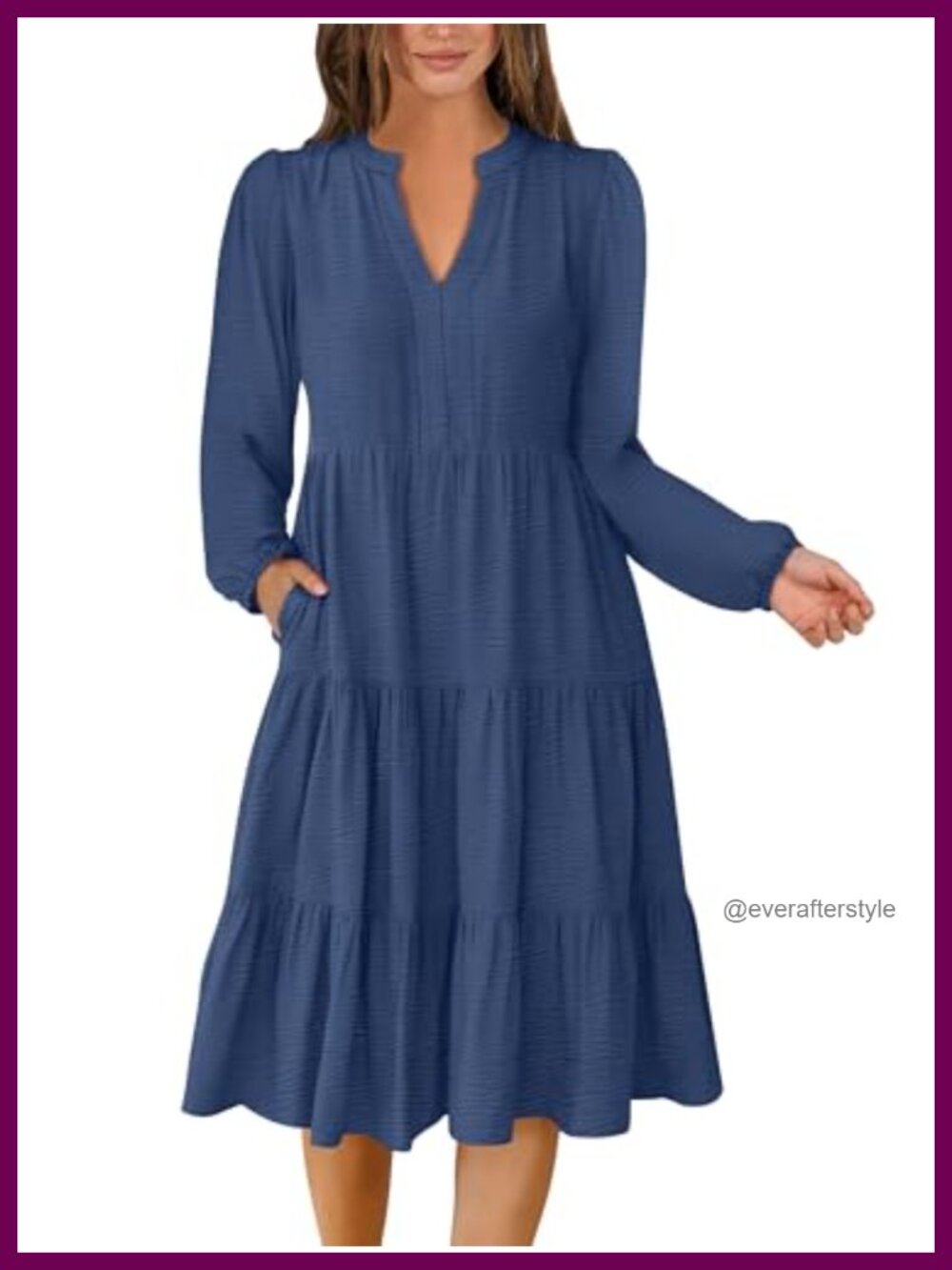 Women Long Sleeve Midi Dress V-Neck Puff Sleeve A-Line with Pockets